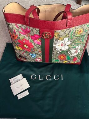 Gucci Red Floral GG Supreme Tote with Green-Red Web Stripe